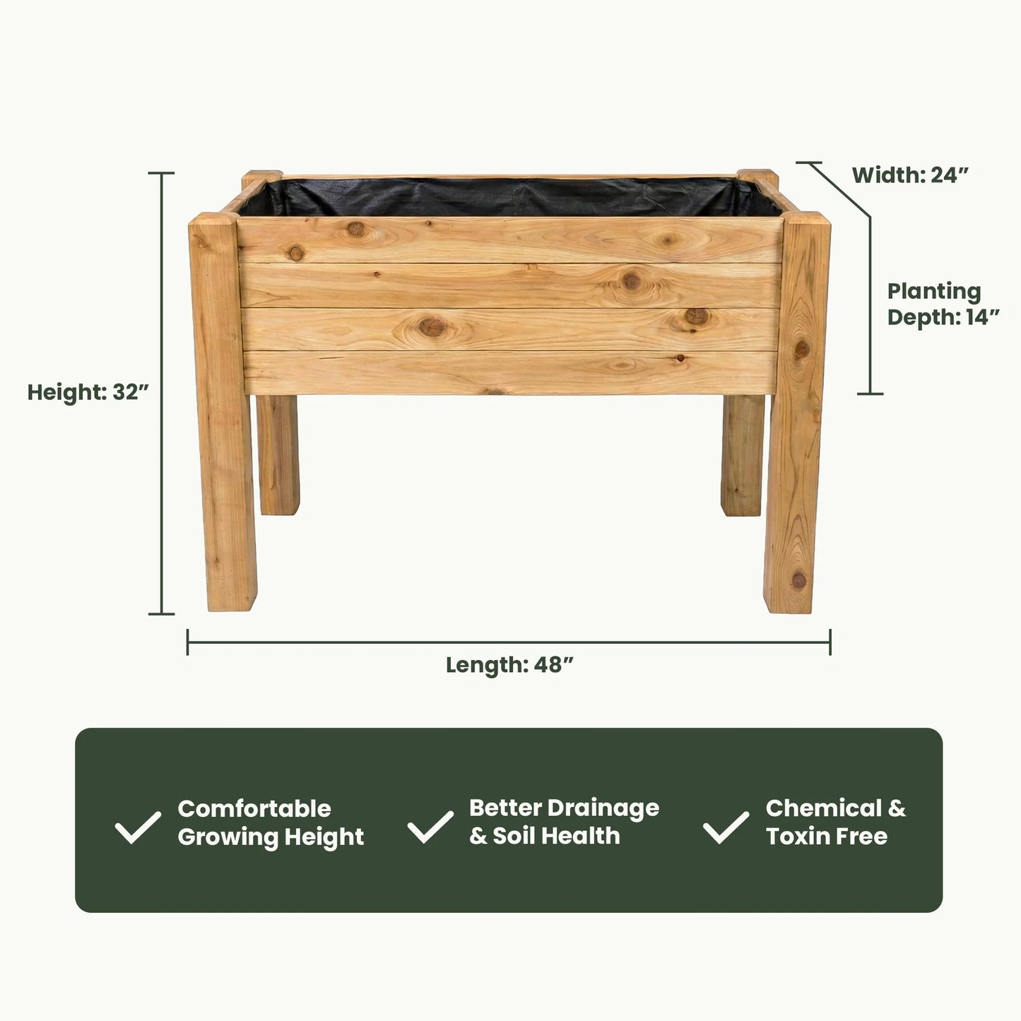 Elevated Garden Bed – 24" x 48" x 32" – Tall 14" Planting Depth