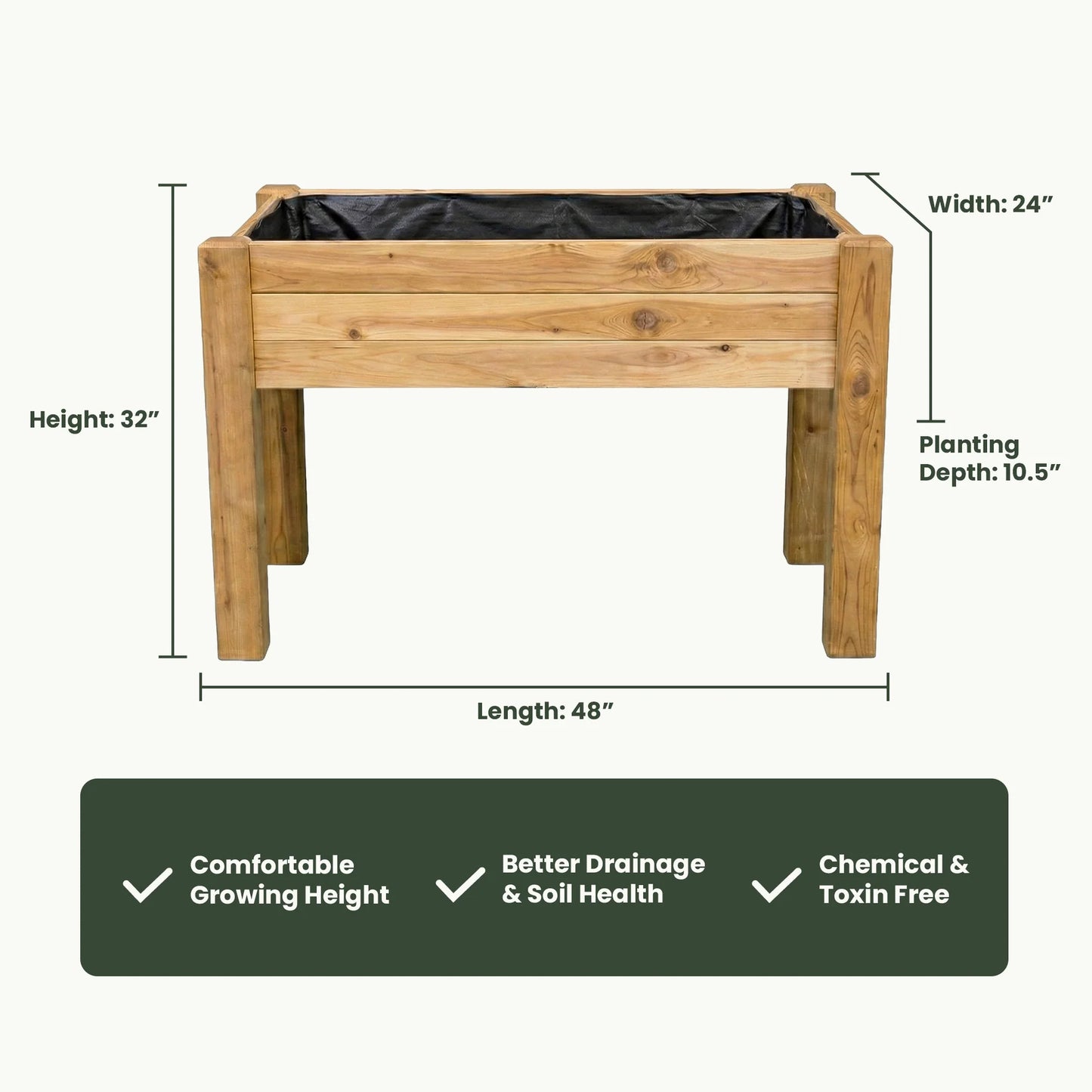 Elevated Garden Bed – 24" x 48" x 32" – Tall 10.5" Planting Depth